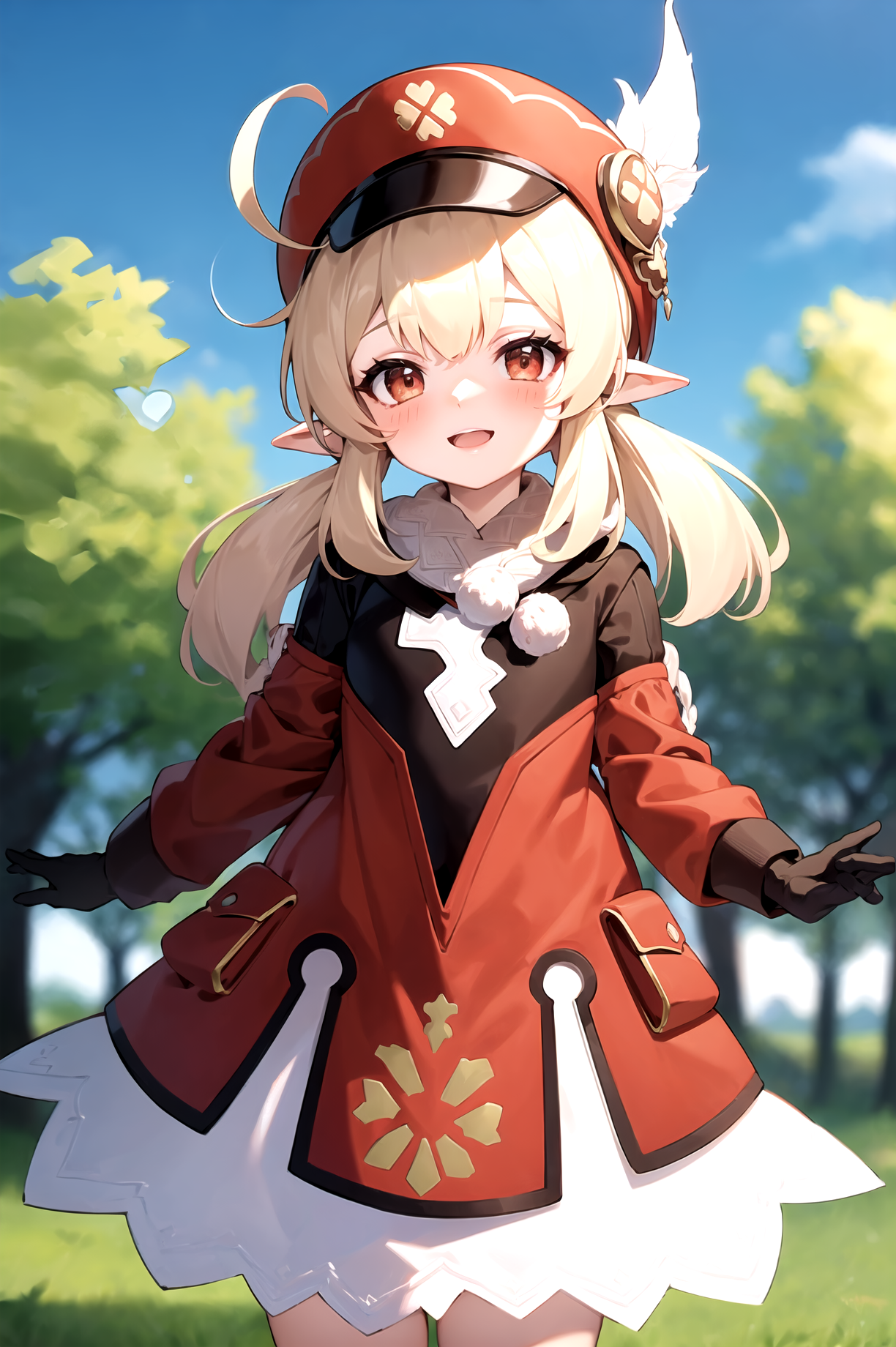 00187-3988292828-kleedef_1.2, field, smile, blush, outdoors, day, blue sky, sky, looking at viewer, cowboy shot, standing, tree, ((aged up_1.5).png